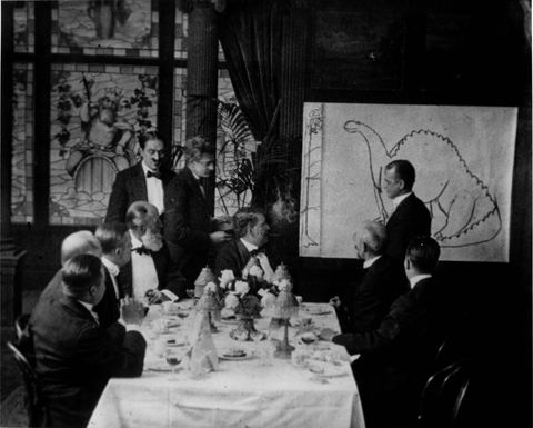 Winsor McCay demonstrating Gertie the Dinosaur, 1909